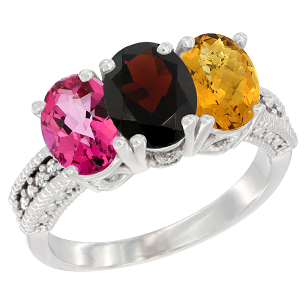 14K White Gold Natural Pink Topaz, Garnet & Whisky Quartz Ring 3-Stone 7x5 mm Oval Diamond Accent, sizes 5 - 10