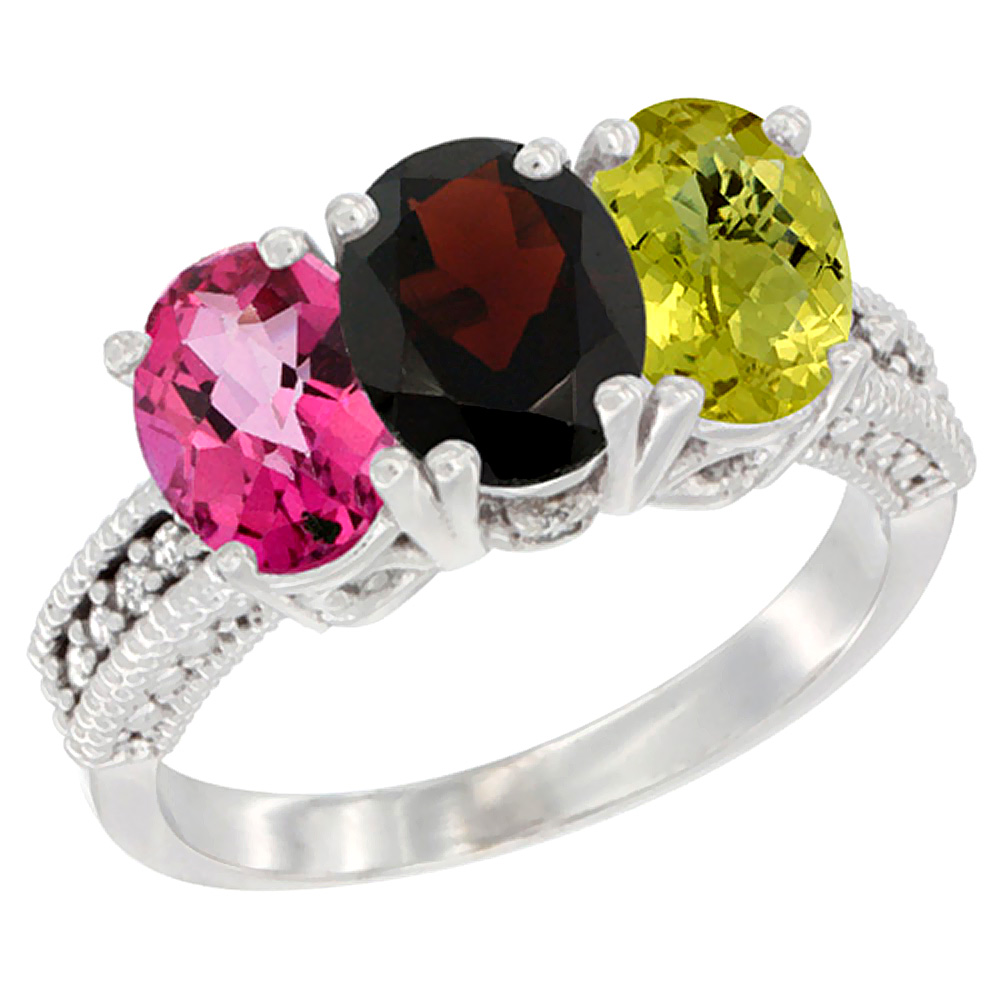 10K White Gold Natural Pink Topaz, Garnet &amp; Lemon Quartz Ring 3-Stone Oval 7x5 mm Diamond Accent, sizes 5 - 10