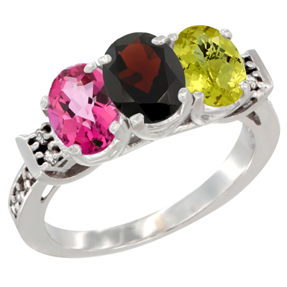 10K White Gold Natural Pink Topaz, Garnet & Lemon Quartz Ring 3-Stone Oval 7x5 mm Diamond Accent, sizes 5 - 10