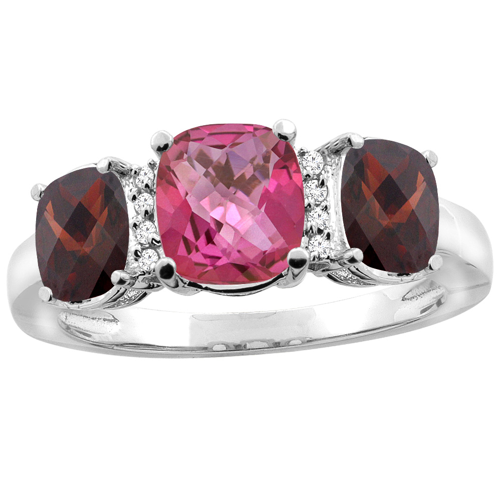 14K White Gold Natural Pink Topaz & Garnet 3-stone Ring Cushion 8x6mm Diamond Accent, sizes 5 - 10