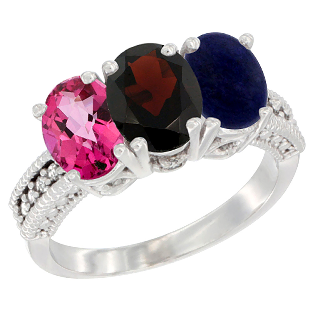 10K White Gold Natural Pink Topaz, Garnet & Lapis Ring 3-Stone Oval 7x5 mm Diamond Accent, sizes 5 - 10