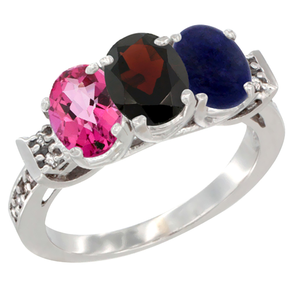 10K White Gold Natural Pink Topaz, Garnet & Lapis Ring 3-Stone Oval 7x5 mm Diamond Accent, sizes 5 - 10