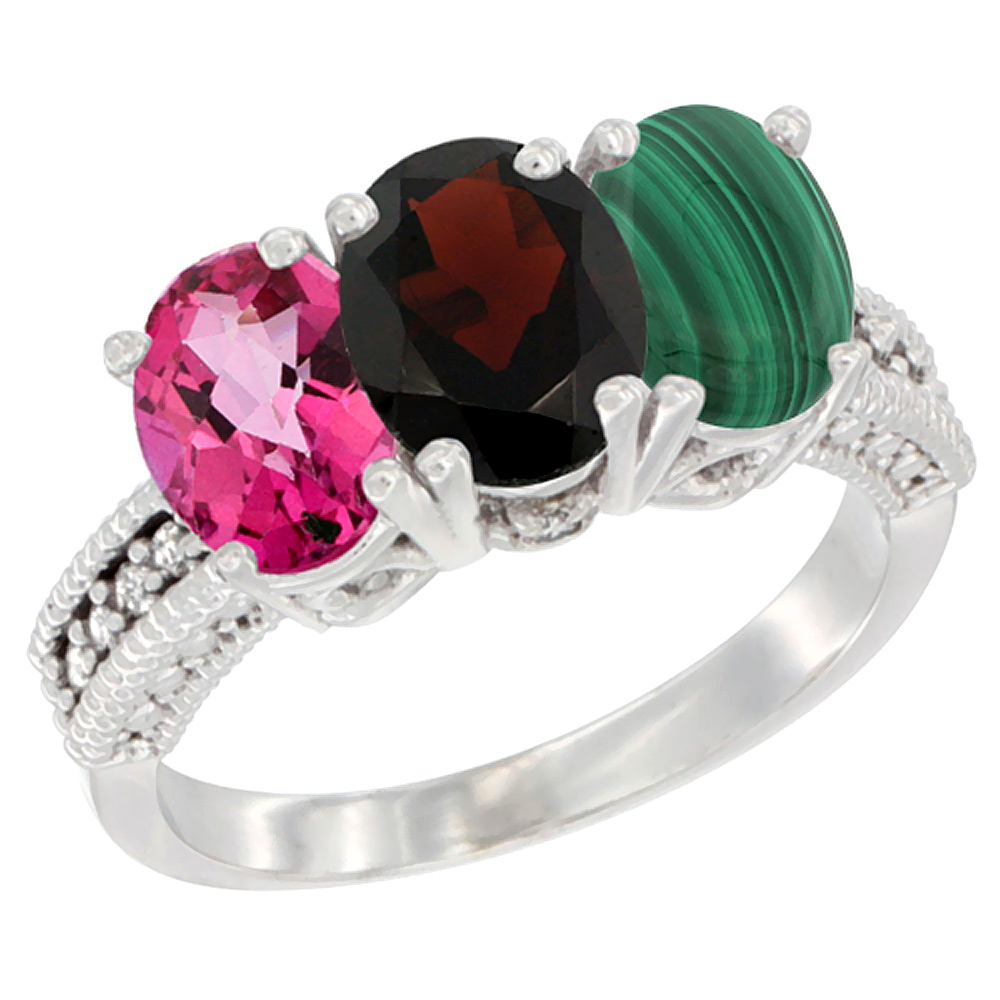 10K White Gold Natural Pink Topaz, Garnet &amp; Malachite Ring 3-Stone Oval 7x5 mm Diamond Accent, sizes 5 - 10