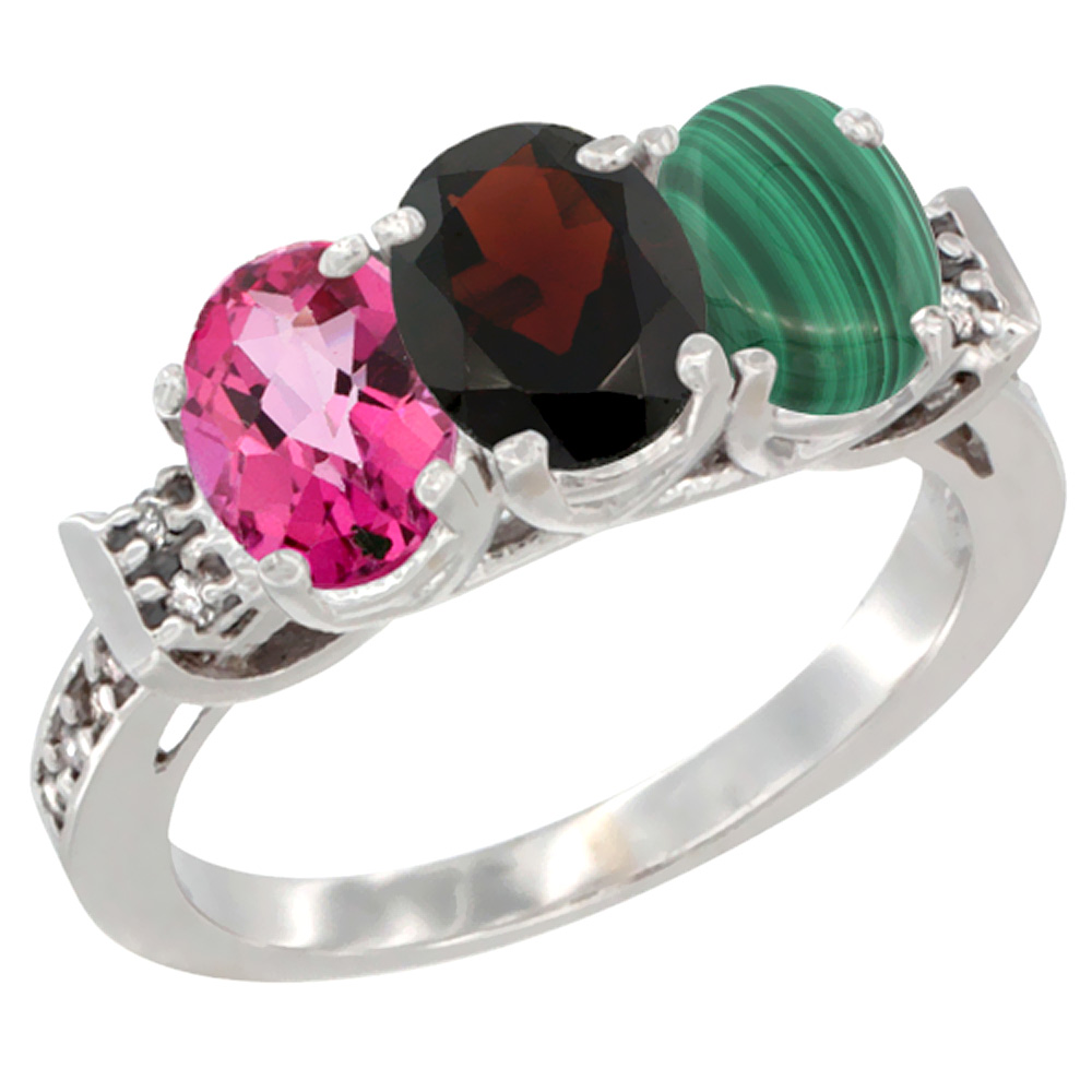 14K White Gold Natural Pink Topaz, Garnet & Malachite Ring 3-Stone 7x5 mm Oval Diamond Accent, sizes 5 - 10