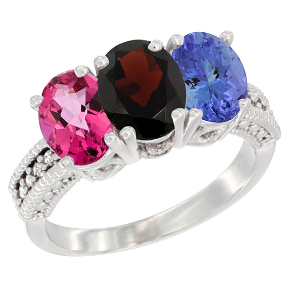 14K White Gold Natural Pink Topaz, Garnet & Tanzanite Ring 3-Stone 7x5 mm Oval Diamond Accent, sizes 5 - 10