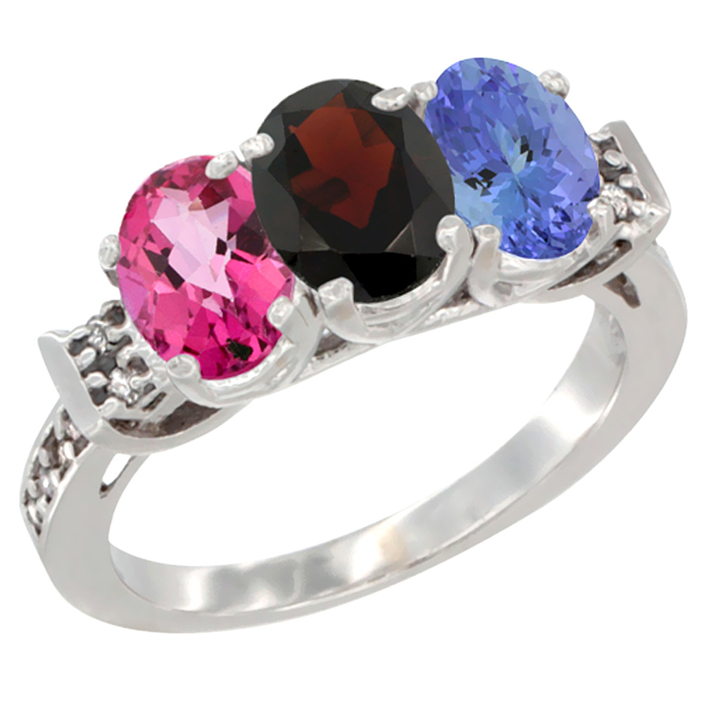 14K White Gold Natural Pink Topaz, Garnet & Tanzanite Ring 3-Stone 7x5 mm Oval Diamond Accent, sizes 5 - 10