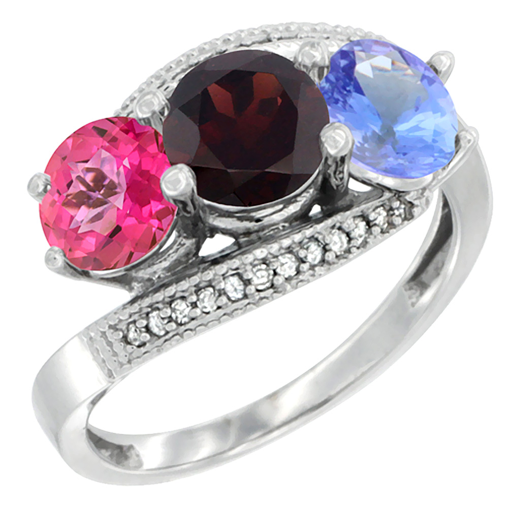 10K White Gold Natural Pink Topaz, Garnet &amp; Tanzanite 3 stone Ring Round 6mm Diamond Accent, sizes 5 - 10