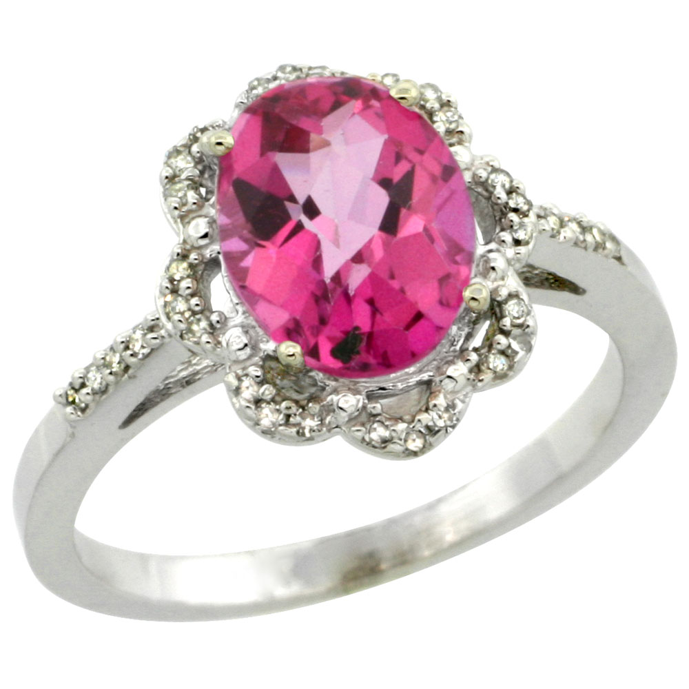 14K White Gold Diamond Halo Natural Pink Topaz Engagement Ring Oval 9x7mm, sizes 5-10