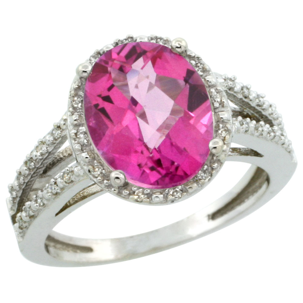 14K White Gold Natural Pink Topaz Diamond Halo Ring Oval 11x9mm, sizes 5-10