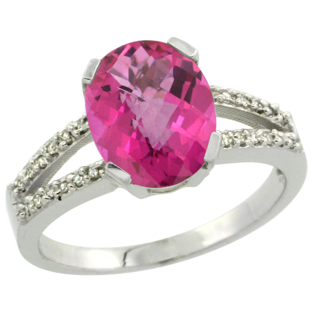 14K White Gold Diamond Natural Pink Topaz Engagement Ring Oval 10x8mm, sizes 5-10