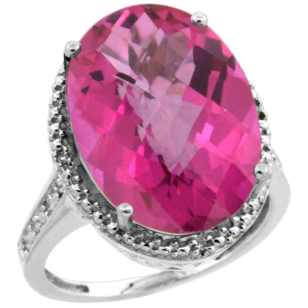 10K White Gold Diamond Natural Pink Topaz Ring Oval 18x13mm, sizes 5-10