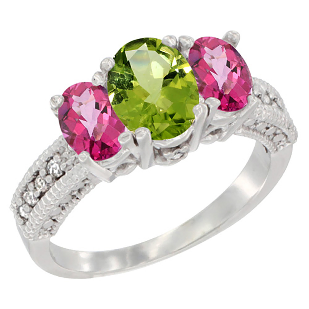 14K White Gold Diamond Natural Peridot Ring Oval 3-stone with Pink Topaz, sizes 5 - 10
