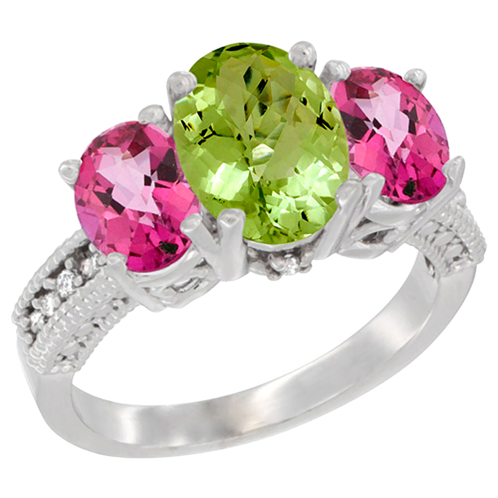 14K White Gold Diamond Natural Peridot Ring 3-Stone Oval 8x6mm with Pink Topaz, sizes5-10