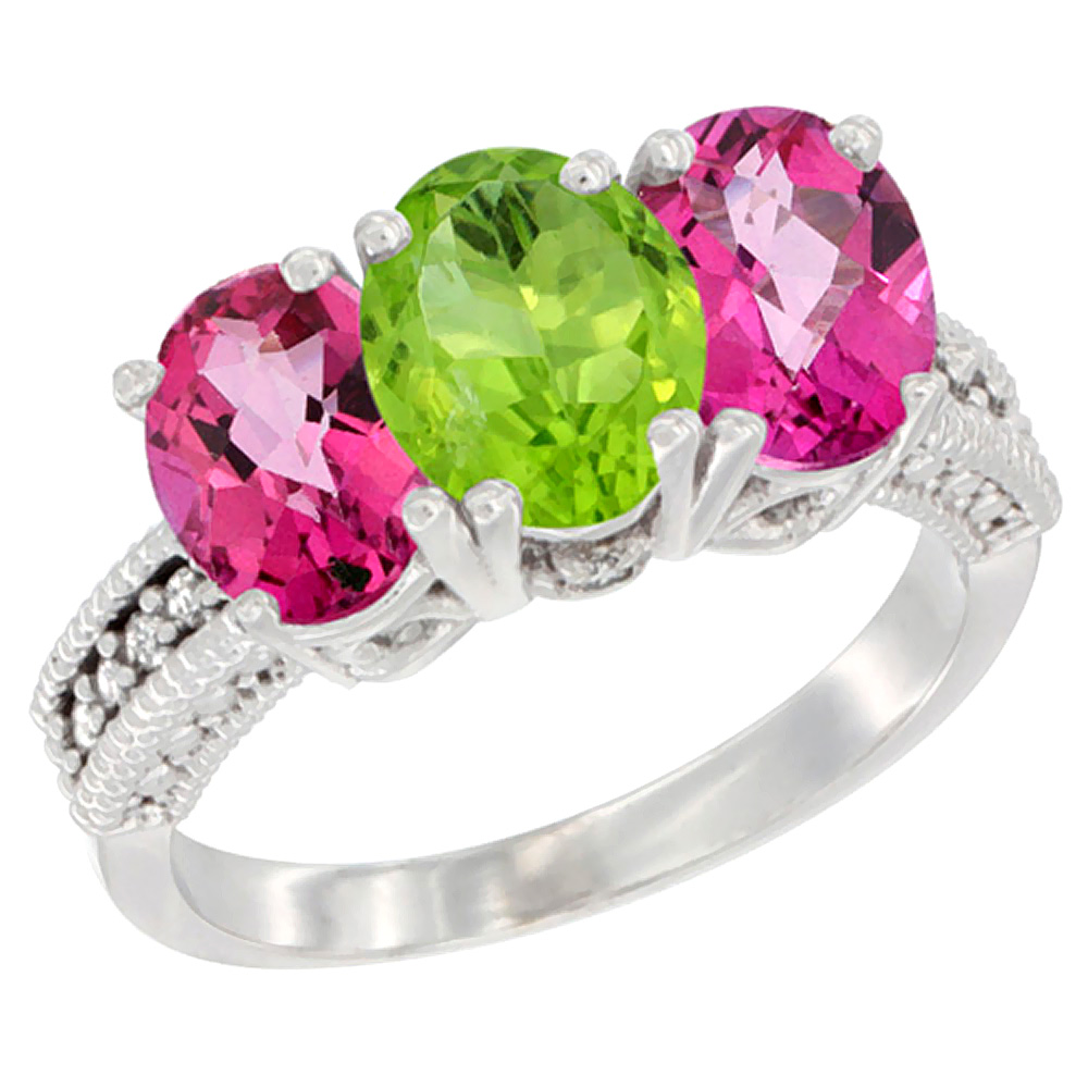 14K White Gold Natural Peridot &amp; Pink Topaz Sides Ring 3-Stone 7x5 mm Oval Diamond Accent, sizes 5 - 10