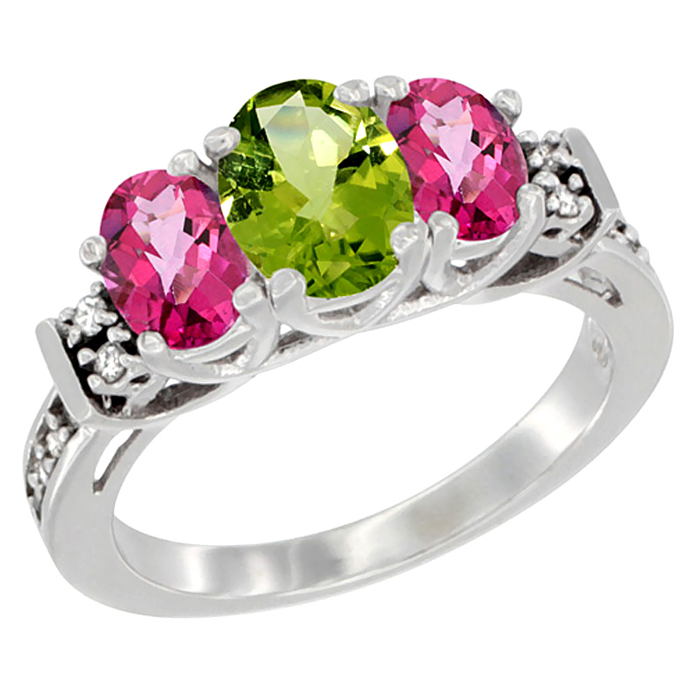 14K White Gold Natural Peridot &amp; Pink Topaz Ring 3-Stone Oval Diamond Accent, sizes 5-10