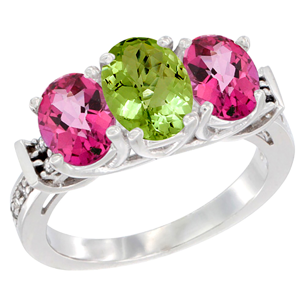 10K White Gold Natural Peridot & Pink Topaz Sides Ring 3-Stone Oval Diamond Accent, sizes 5 - 10