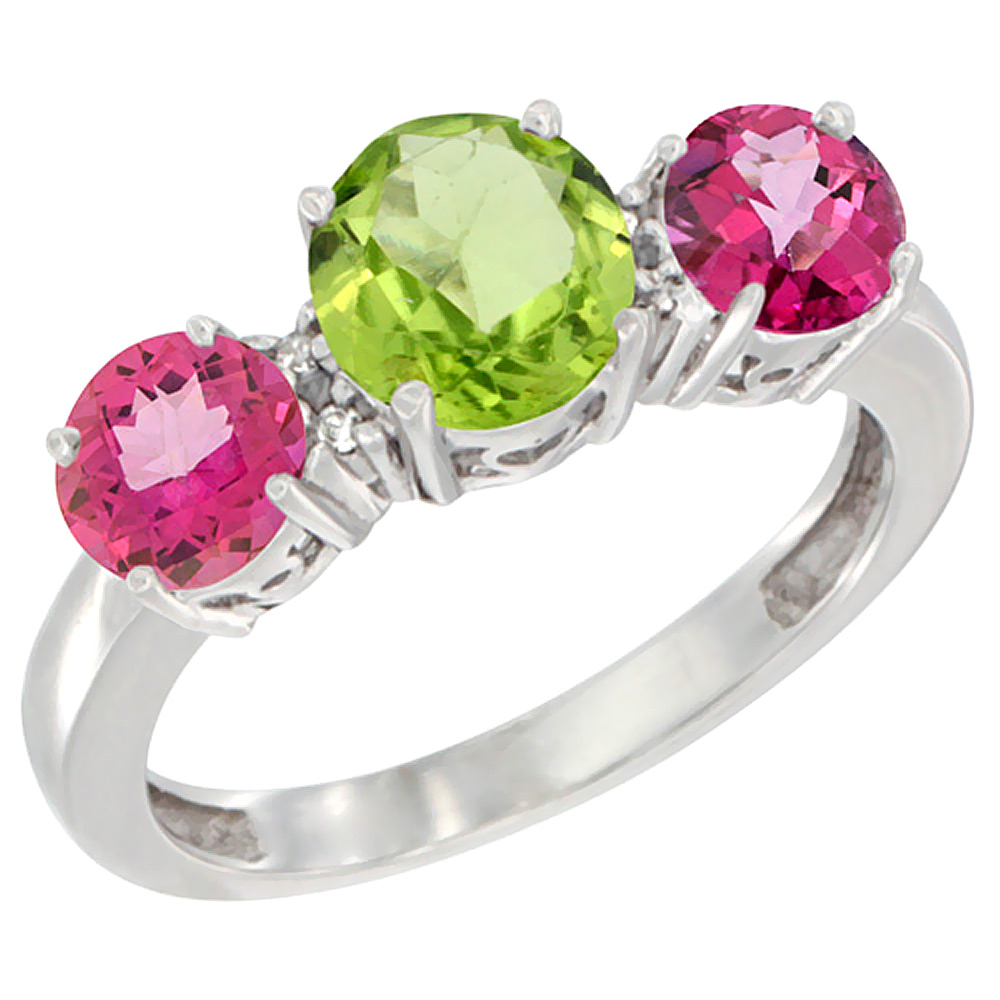 14K White Gold Round 3-Stone Natural Peridot Ring &amp; Pink Topaz Sides Diamond Accent, sizes 5 - 10