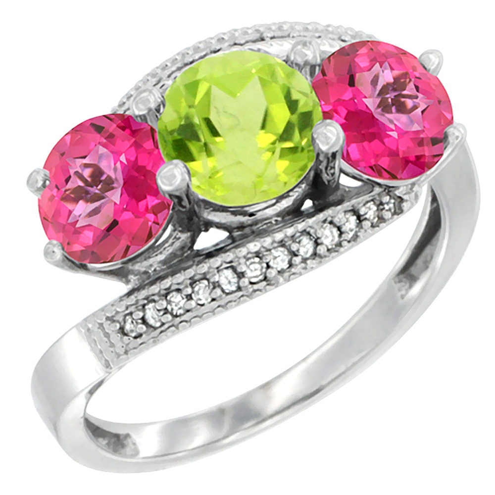 10K White Gold Natural Peridot & Pink Topaz Sides 3 stone Ring Round 6mm Diamond Accent, sizes 5 - 10