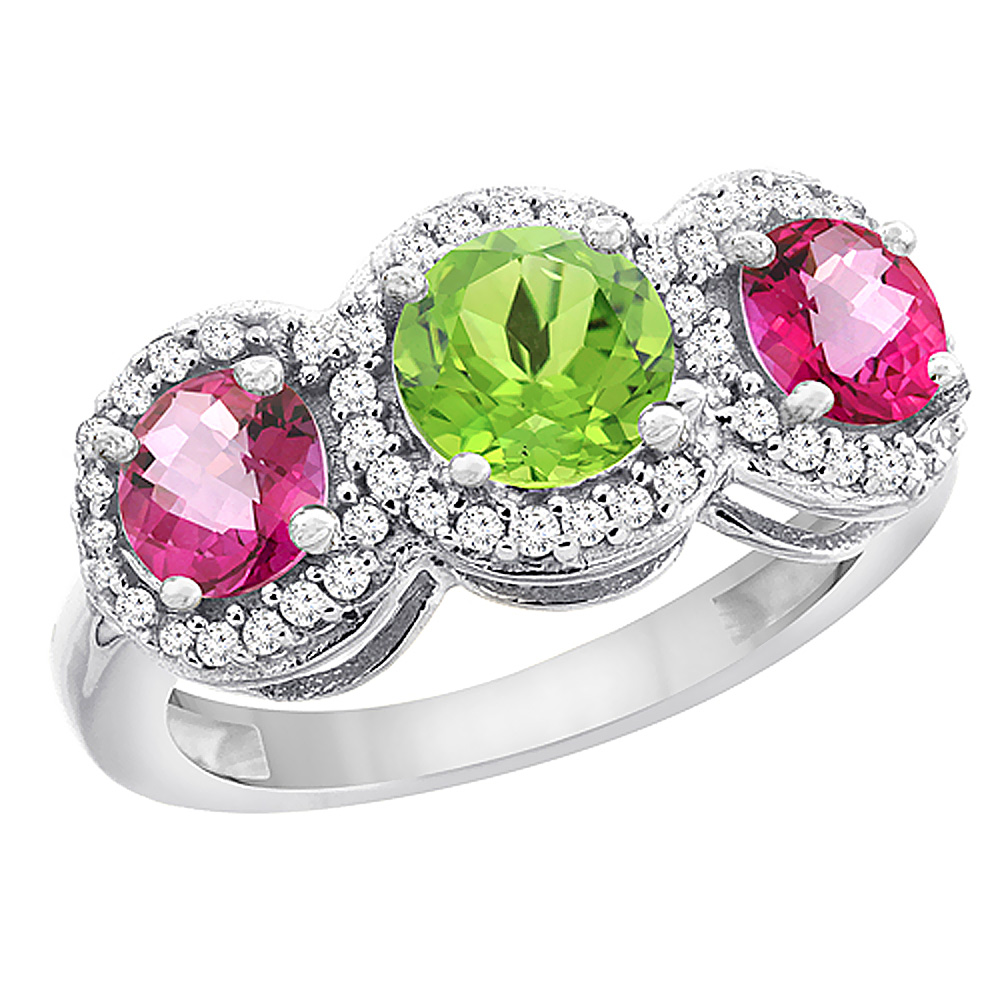 10K White Gold Natural Peridot & Pink Topaz Sides Round 3-stone Ring Diamond Accents, sizes 5 - 10