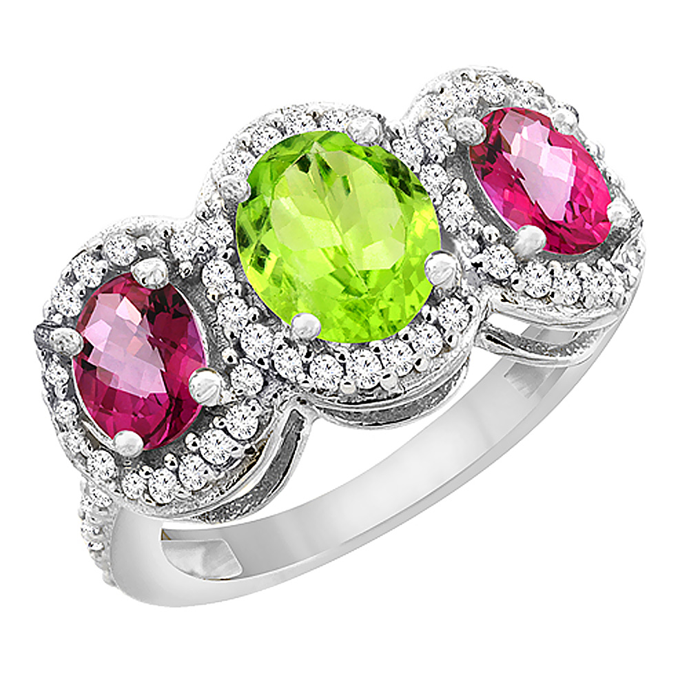 10K White Gold Natural Peridot &amp; Pink Topaz 3-Stone Ring Oval Diamond Accent, sizes 5 - 10