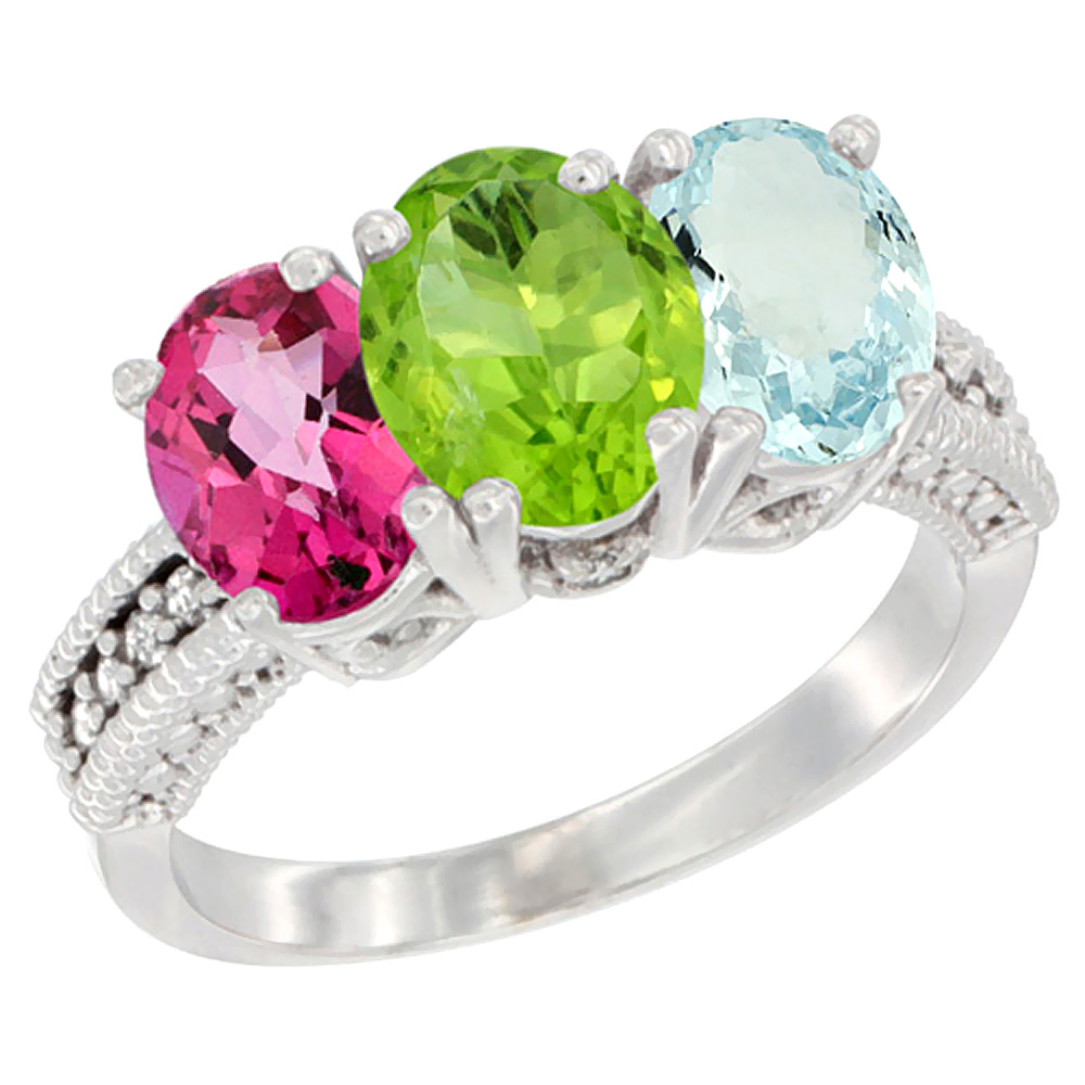 14K White Gold Natural Pink Topaz, Peridot & Aquamarine Ring 3-Stone 7x5 mm Oval Diamond Accent, sizes 5 - 10