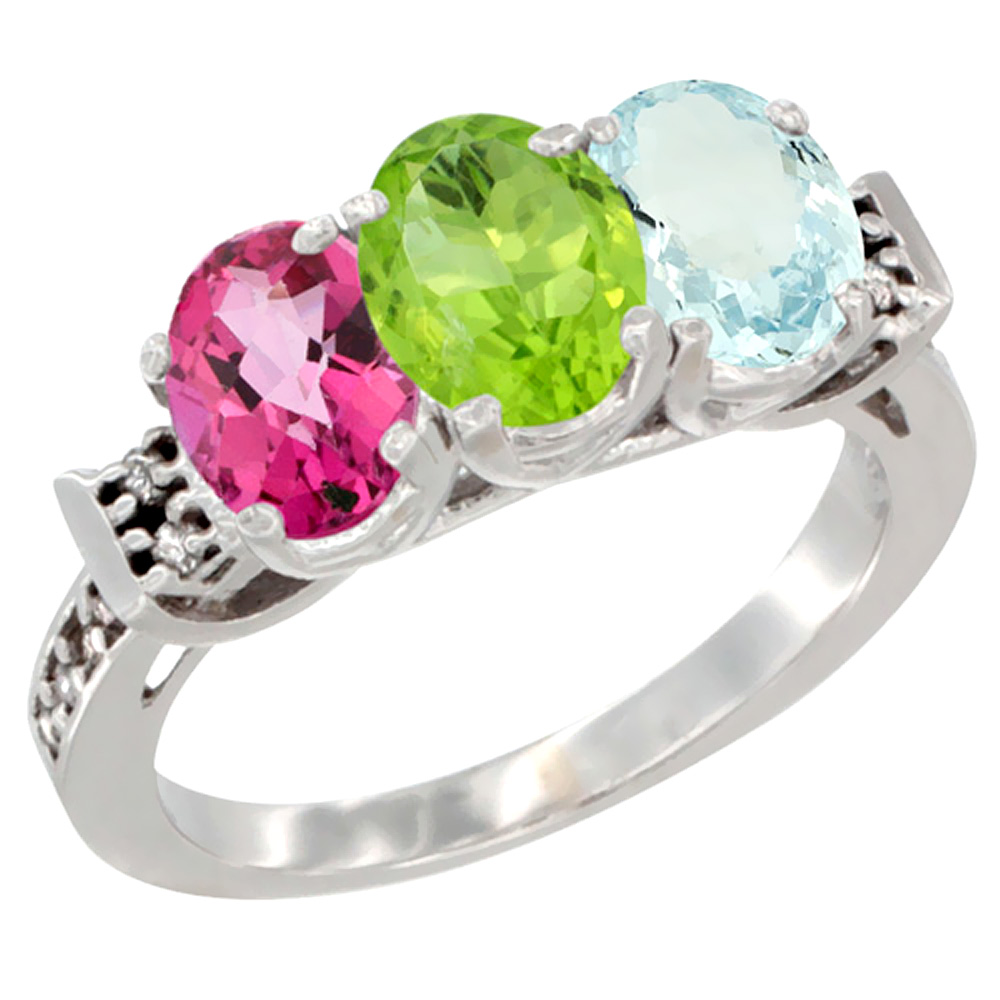 10K White Gold Natural Pink Topaz, Peridot &amp; Aquamarine Ring 3-Stone Oval 7x5 mm Diamond Accent, sizes 5 - 10