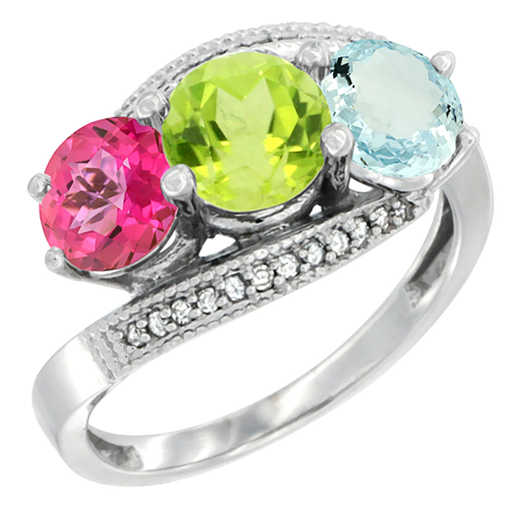 10K White Gold Natural Pink Topaz, Peridot &amp; Aquamarine 3 stone Ring Round 6mm Diamond Accent, sizes 5 - 10