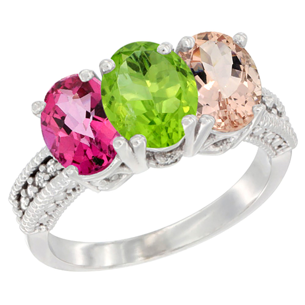 10K White Gold Natural Pink Topaz, Peridot & Morganite Ring 3-Stone Oval 7x5 mm Diamond Accent, sizes 5 - 10