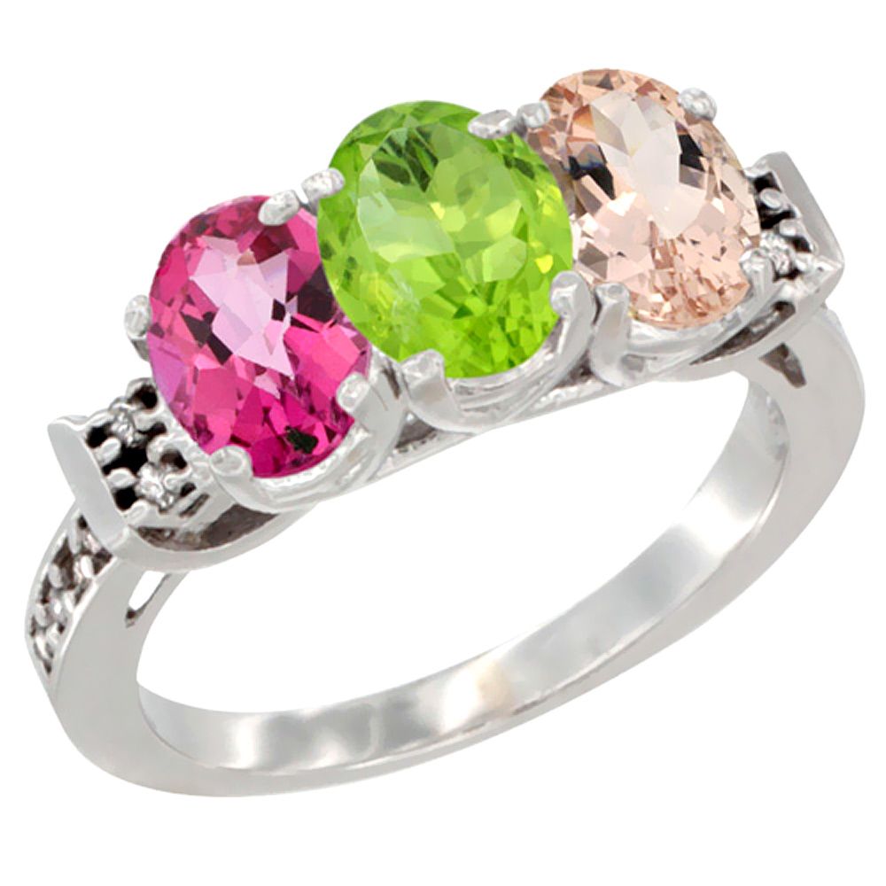 14K White Gold Natural Pink Topaz, Peridot & Morganite Ring 3-Stone 7x5 mm Oval Diamond Accent, sizes 5 - 10