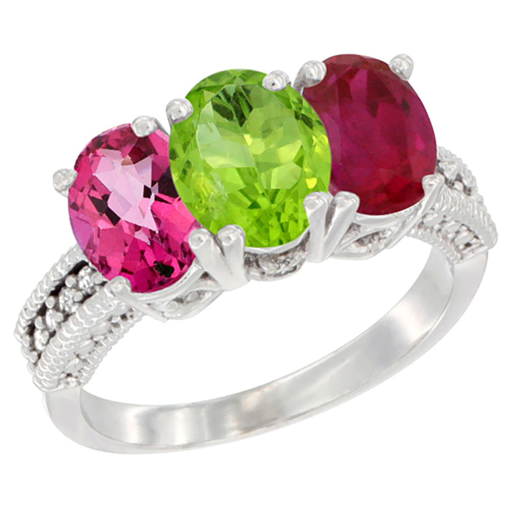 14K White Gold Natural Pink Topaz, Peridot & Enhanced Ruby Ring 3-Stone 7x5 mm Oval Diamond Accent, sizes 5 - 10