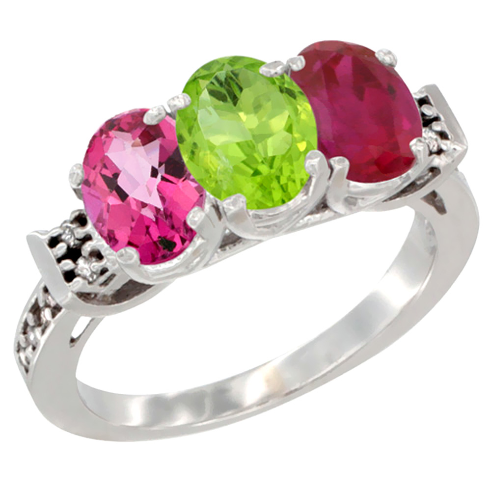 14K White Gold Natural Pink Topaz, Peridot &amp; Enhanced Ruby Ring 3-Stone 7x5 mm Oval Diamond Accent, sizes 5 - 10