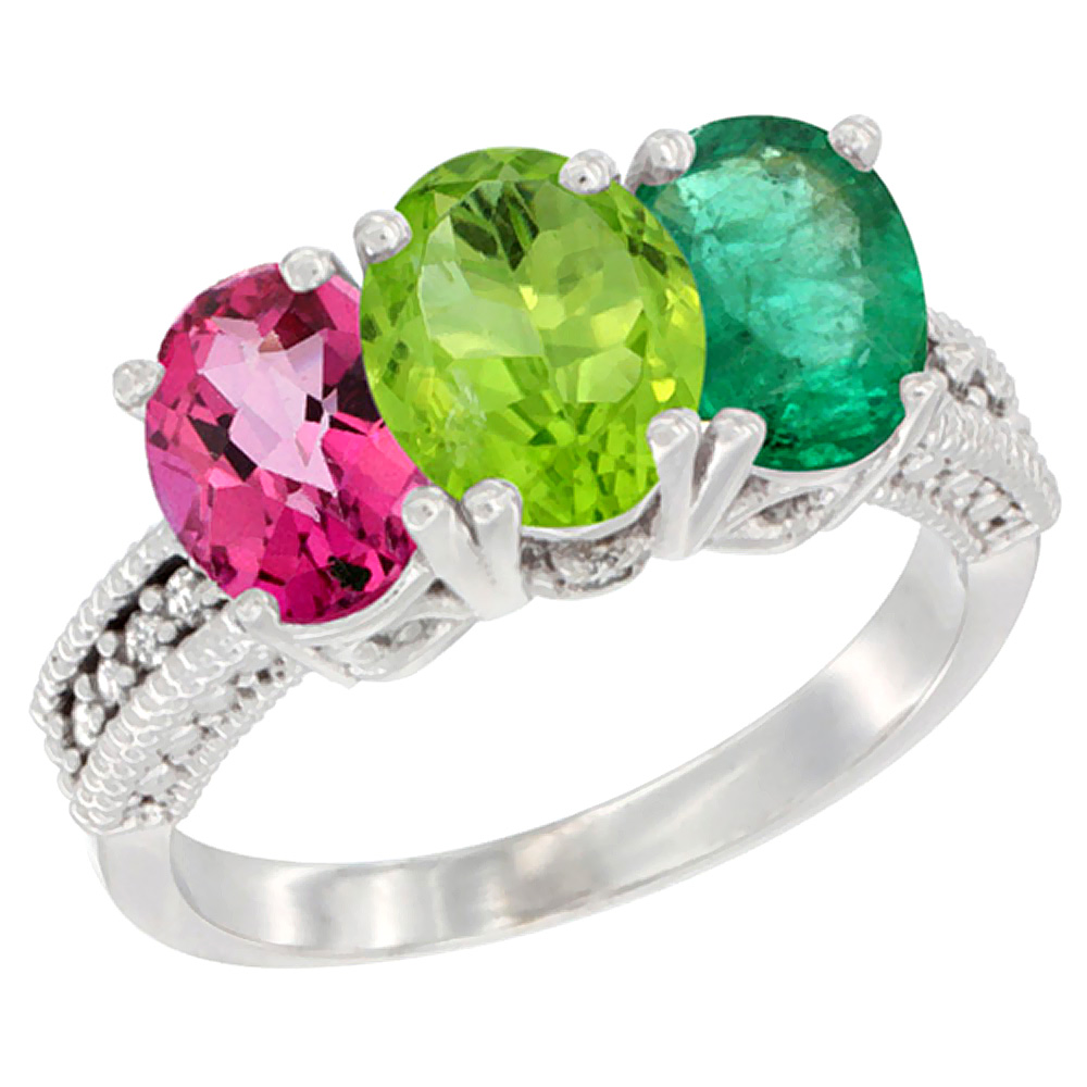 14K White Gold Natural Pink Topaz, Peridot &amp; Emerald Ring 3-Stone 7x5 mm Oval Diamond Accent, sizes 5 - 10