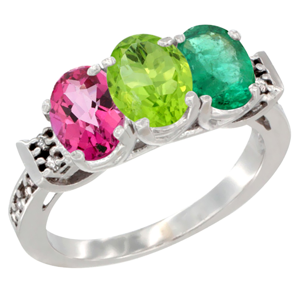 14K White Gold Natural Pink Topaz, Peridot &amp; Emerald Ring 3-Stone 7x5 mm Oval Diamond Accent, sizes 5 - 10