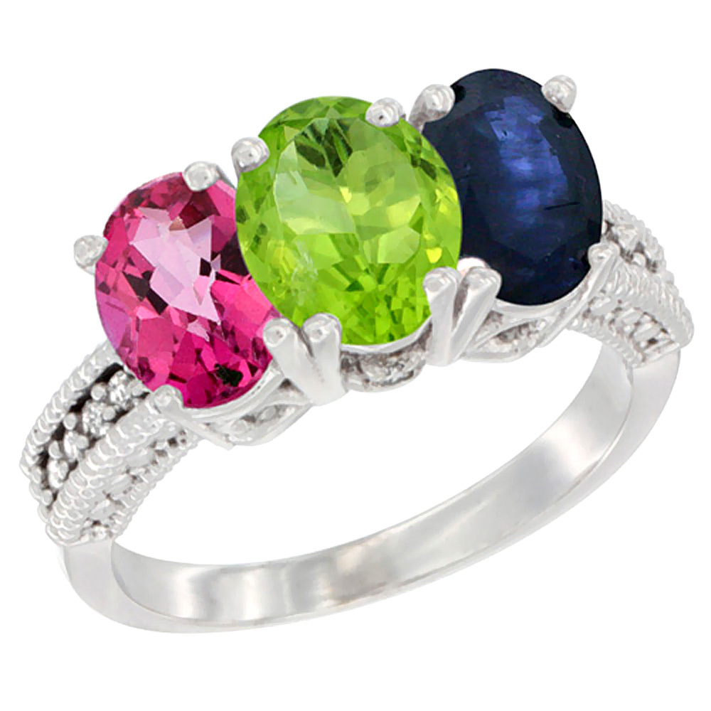 14K White Gold Natural Pink Topaz, Peridot & Blue Sapphire Ring 3-Stone 7x5 mm Oval Diamond Accent, sizes 5 - 10