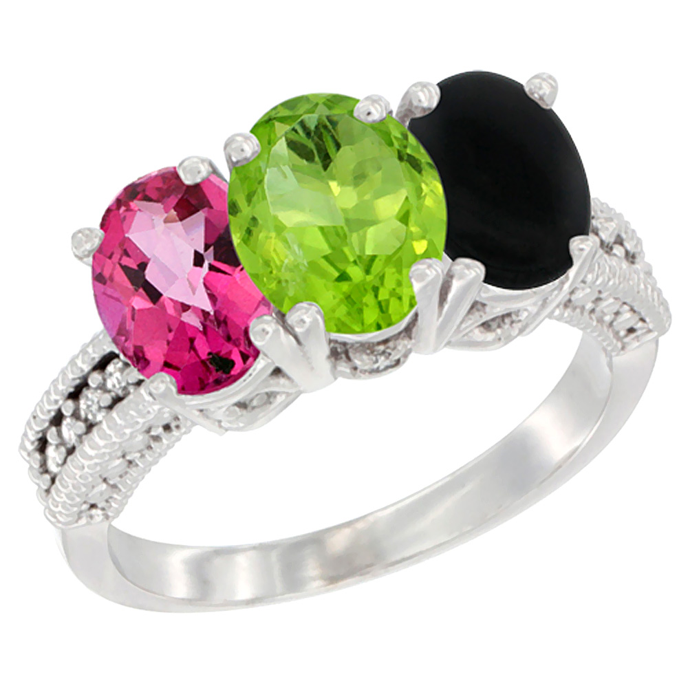 10K White Gold Natural Pink Topaz, Peridot & Black Onyx Ring 3-Stone Oval 7x5 mm Diamond Accent, sizes 5 - 10