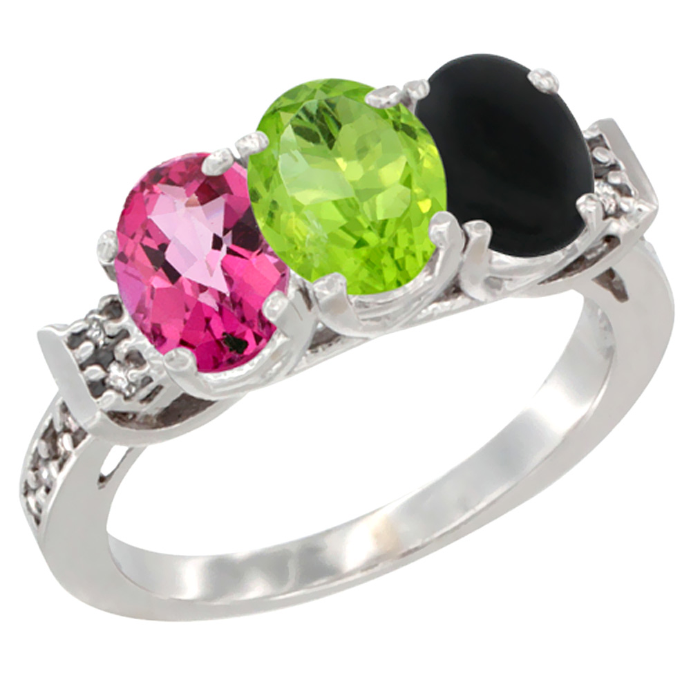 14K White Gold Natural Pink Topaz, Peridot & Black Onyx Ring 3-Stone 7x5 mm Oval Diamond Accent, sizes 5 - 10