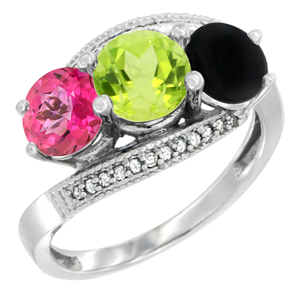 14K White Gold Natural Pink Topaz, Peridot & Black Onyx 3 stone Ring Round 6mm Diamond Accent, sizes 5 - 10