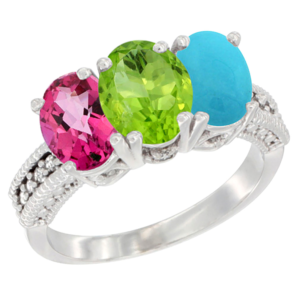 10K White Gold Natural Pink Topaz, Peridot & Turquoise Ring 3-Stone Oval 7x5 mm Diamond Accent, sizes 5 - 10