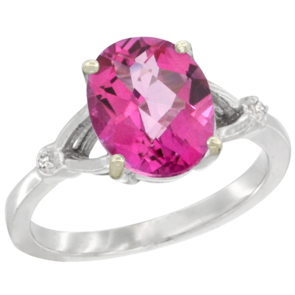 14K WHITE GOLD SIMPLE LARGE 4 PRONG 10X8MM OVAL PINK TOPAZ ENGAGEMENT RING FOR WOMEN 3/8 INCH WIDE SIZES 6-10