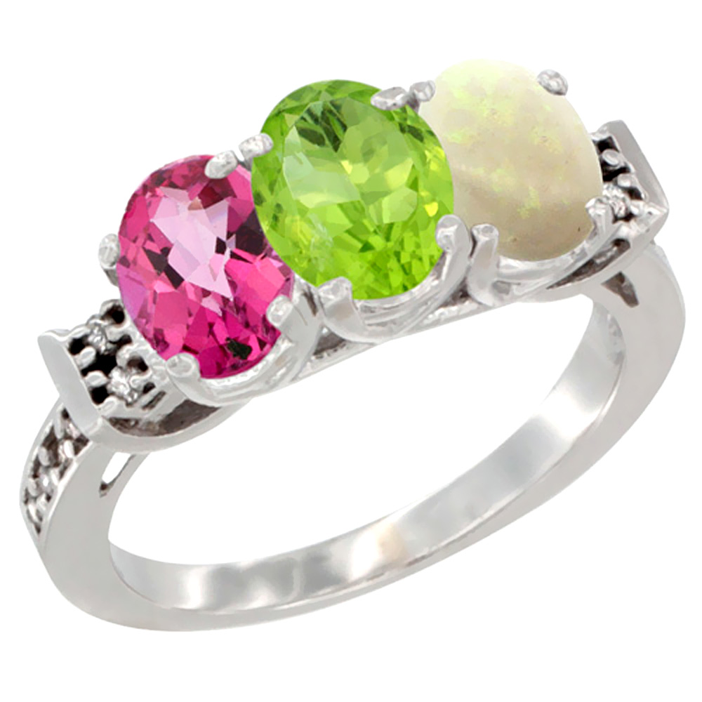 10K White Gold Natural Pink Topaz, Peridot & Opal Ring 3-Stone Oval 7x5 mm Diamond Accent, sizes 5 - 10