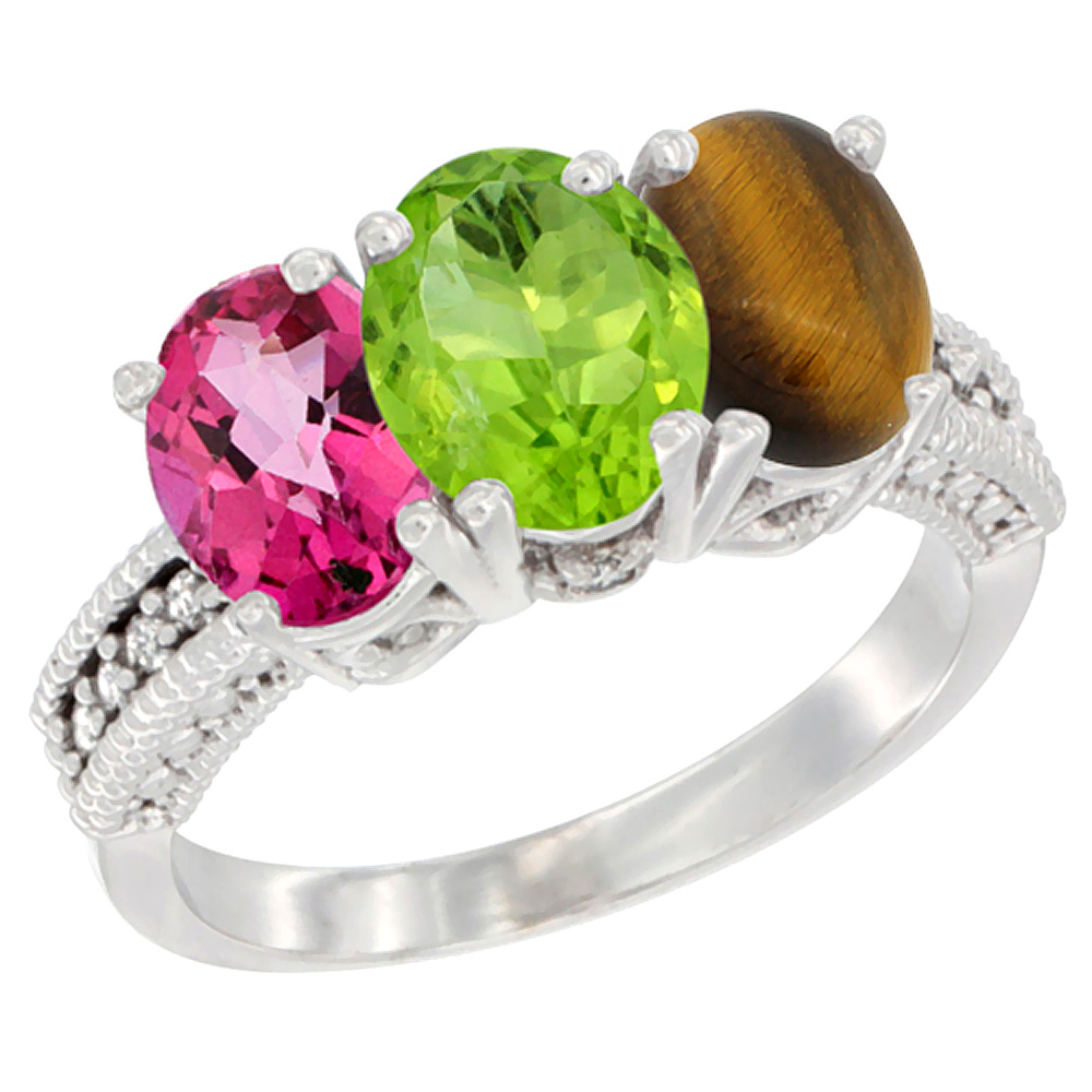 10K White Gold Natural Pink Topaz, Peridot & Tiger Eye Ring 3-Stone Oval 7x5 mm Diamond Accent, sizes 5 - 10