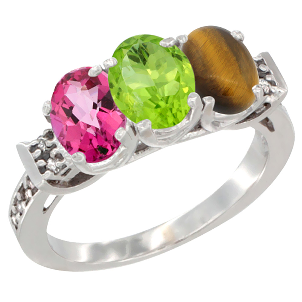 10K White Gold Natural Pink Topaz, Peridot & Tiger Eye Ring 3-Stone Oval 7x5 mm Diamond Accent, sizes 5 - 10