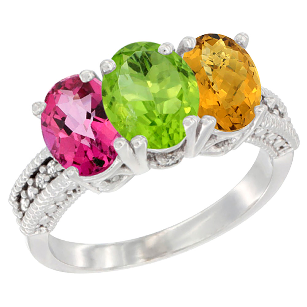 14K White Gold Natural Pink Topaz, Peridot &amp; Whisky Quartz Ring 3-Stone 7x5 mm Oval Diamond Accent, sizes 5 - 10