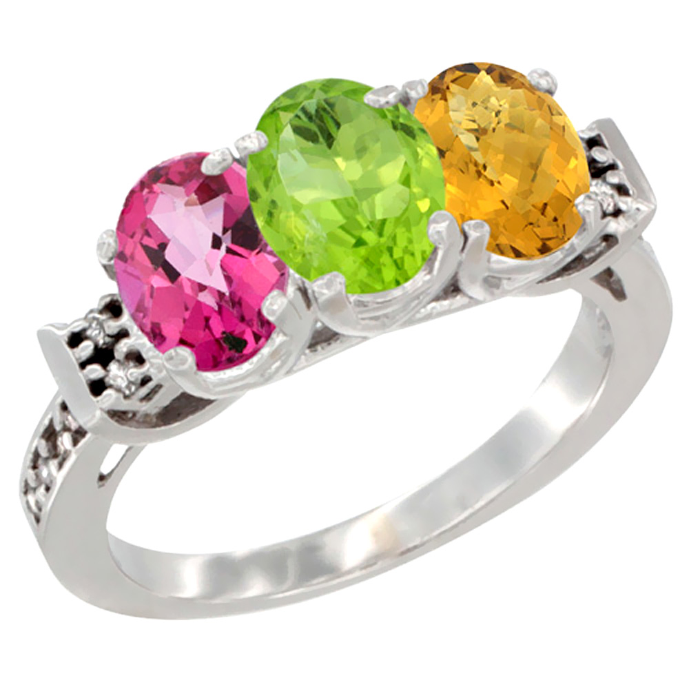 14K White Gold Natural Pink Topaz, Peridot & Whisky Quartz Ring 3-Stone 7x5 mm Oval Diamond Accent, sizes 5 - 10