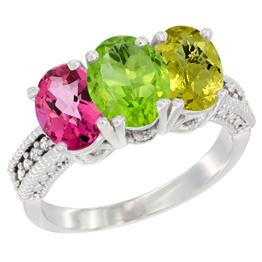 14K White Gold Natural Pink Topaz, Peridot & Lemon Quartz Ring 3-Stone 7x5 mm Oval Diamond Accent, sizes 5 - 10