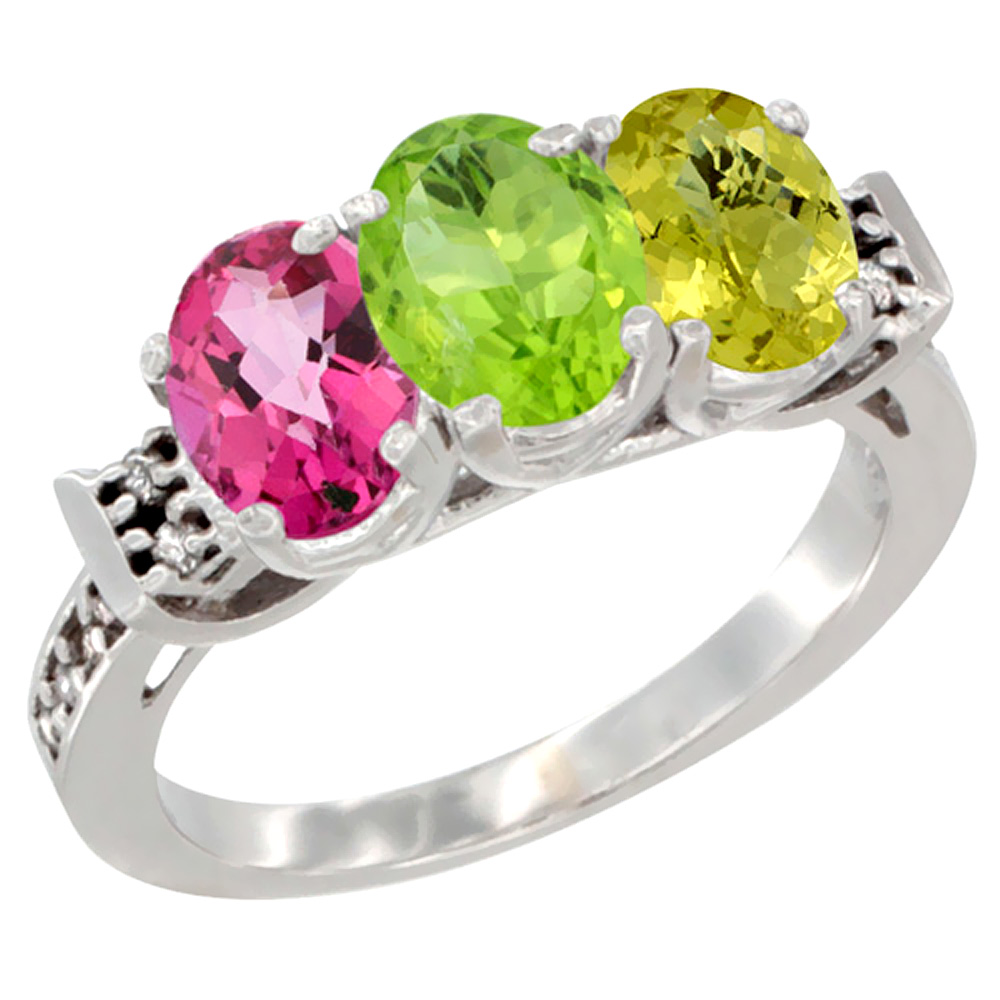 10K White Gold Natural Pink Topaz, Peridot & Lemon Quartz Ring 3-Stone Oval 7x5 mm Diamond Accent, sizes 5 - 10