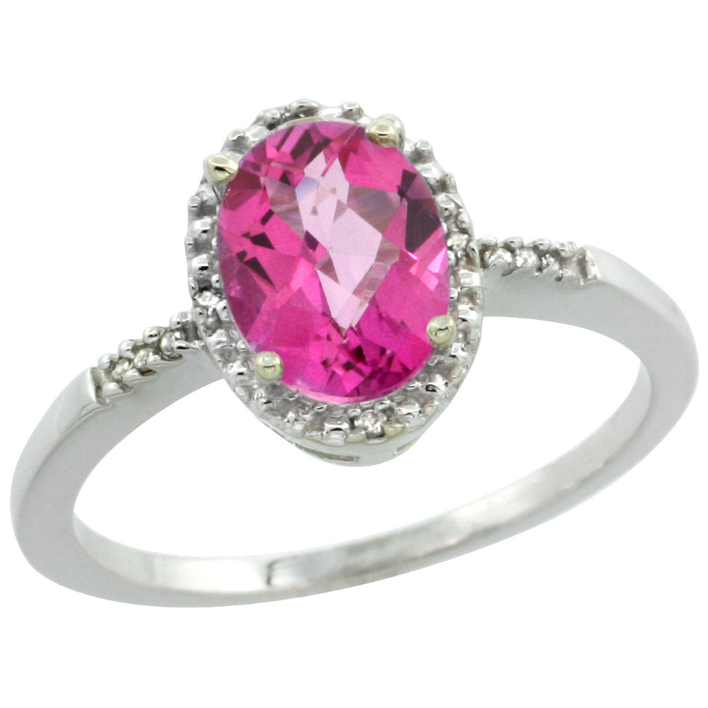 14K White Gold Diamond Natural Pink Topaz Ring Oval 8x6mm, sizes 5-10