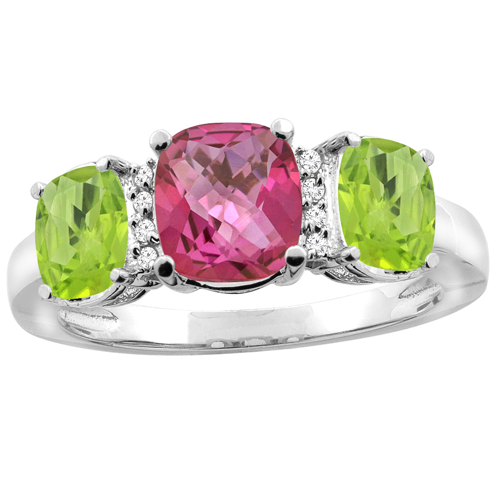 10K Yellow Gold Natural Pink Topaz & Peridot 3-stone Ring Cushion 8x6mm Diamond Accent, sizes 5 - 10