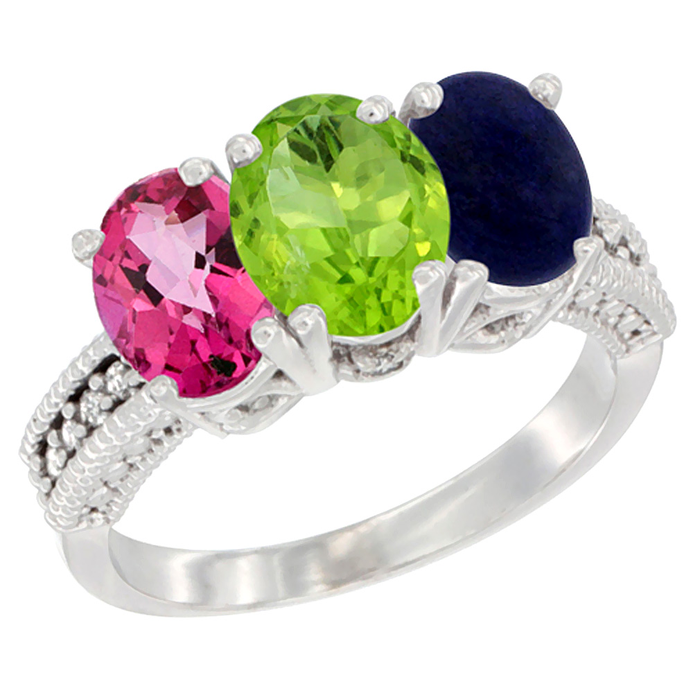 10K White Gold Natural Pink Topaz, Peridot & Lapis Ring 3-Stone Oval 7x5 mm Diamond Accent, sizes 5 - 10