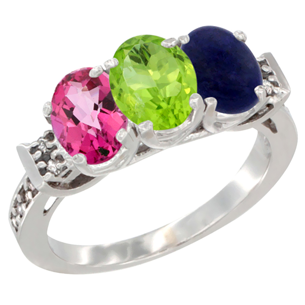 10K White Gold Natural Pink Topaz, Peridot & Lapis Ring 3-Stone Oval 7x5 mm Diamond Accent, sizes 5 - 10